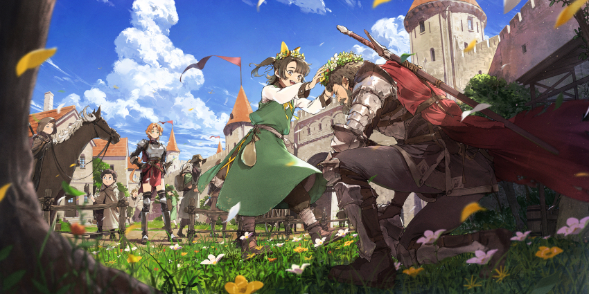 2girls 6+boys armor beard blue_sky breastplate brown_hair building cape castle cloud commentary_request dress facial_hair fantasy flower grass green_dress green_eyes head_wreath highres hood hood_up horns horseback_riding knight looking_at_another multiple_boys multiple_girls on_one_knee one_side_up open_clothes open_mouth orange_hair original outdoors pauldrons red_cape riding short_hair shoulder_armor sky somehira_katsu standing sword tree weapon yellow_eyes