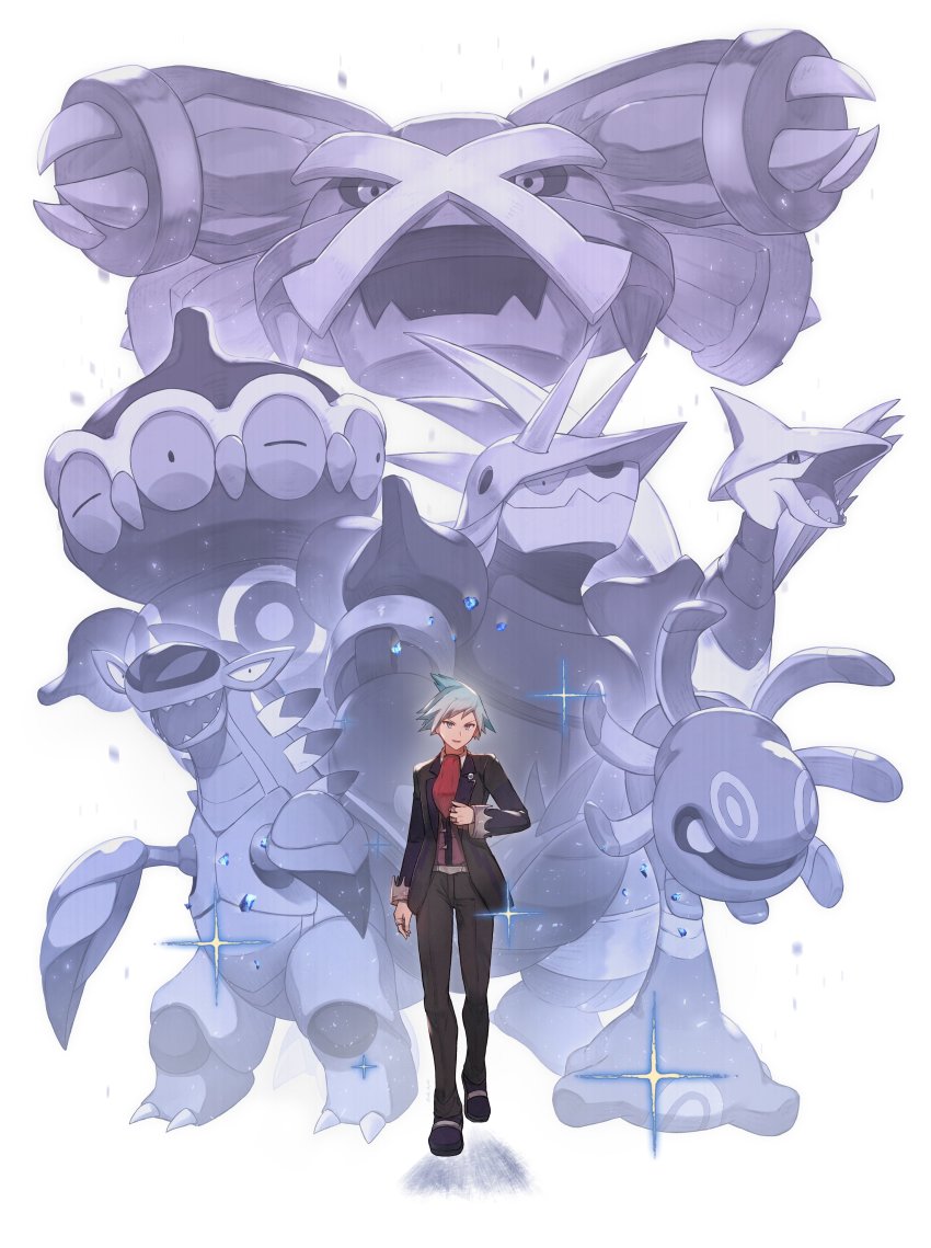 1boy absurdres aggron armaldo belt blue_hair claydol collared_shirt commentary_request cradily gen_2_pokemon gen_3_pokemon grey_eyes highres jacket jewelry long_sleeves male_focus metagross nintendo odd_(hin_yari) open_mouth pants pokemon pokemon_(creature) pokemon_oras purple_vest red_neckwear ring shirt short_hair skarmory smile sparkle standing steven_stone vest white_shirt