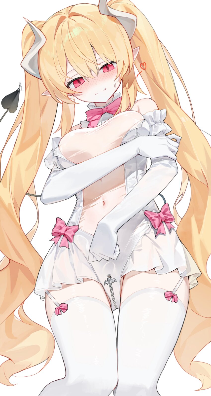 1girl absurdres apostle_(dungeon_and_fighter) armband ashtarte_(dungeon_and_fighter) bare_shoulders battle_mage_(dungeon_and_fighter) blonde_hair blush bow bowtie breasts closed_mouth commentary commission covered_navel crotch_zipper demon_horns demon_tail dungeon_and_fighter elbow_gloves english_commentary female_mage_(dungeon_and_fighter) frilled_armband frilled_gloves frilled_leotard frills garter_straps gloves hair_intakes heart highres horns huu_(dighapdlxm12) leotard long_eyelashes long_hair looking_at_viewer medium_breasts navel pink_bow pointy_ears red_eyes see-through_clothes see-through_leotard smile solo tail thighhighs twintails very_long_hair wavy_hair white_background white_garter_straps white_gloves white_leotard white_thighhighs