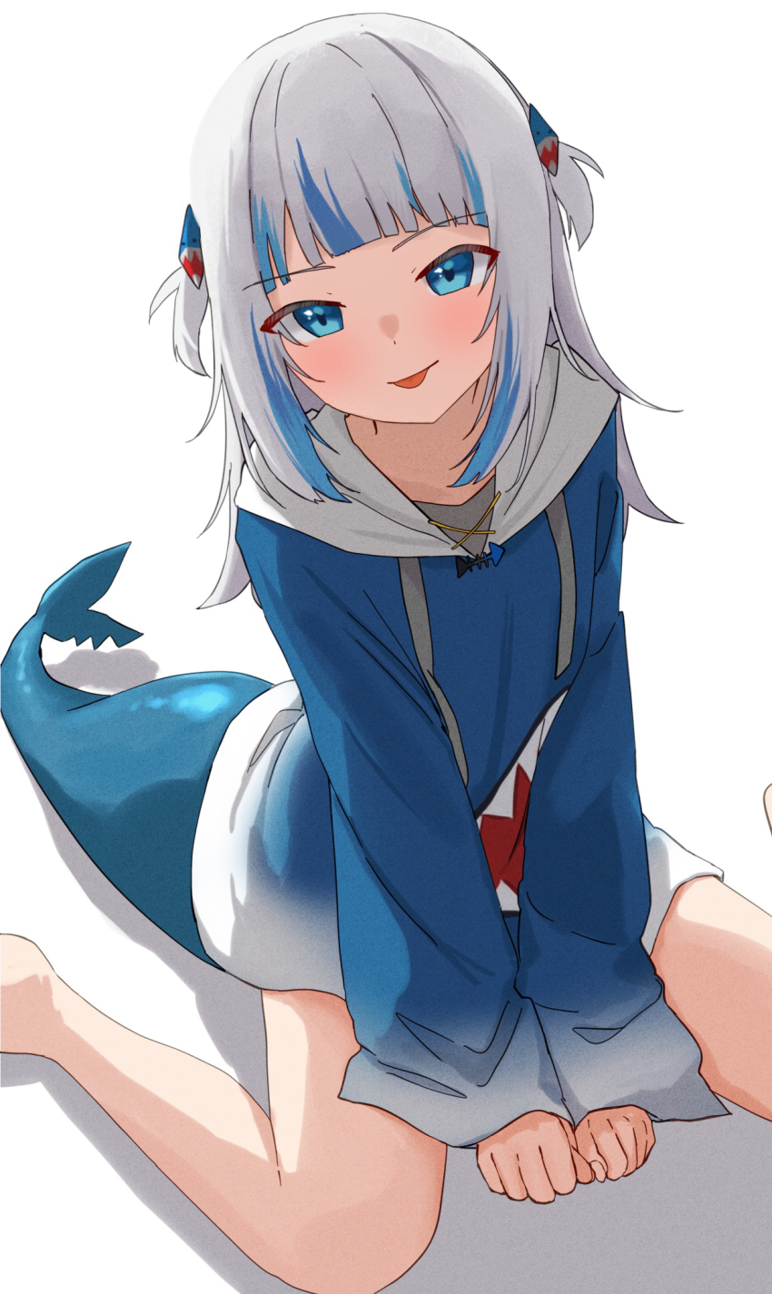 1girl :p bare_legs blue_eyes blue_hair blue_hoodie blunt_bangs commentary drawstring fins fish_tail gawr_gura gawr_gura_(1st_costume) highres hololive hololive_english hood hood_down hoodie kurushiro1102 long_hair long_sleeves looking_at_viewer multicolored_hair shark_tail simple_background sitting smile solo streaked_hair tail tongue tongue_out two-tone_hair two_side_up virtual_youtuber wariza white_background white_hair