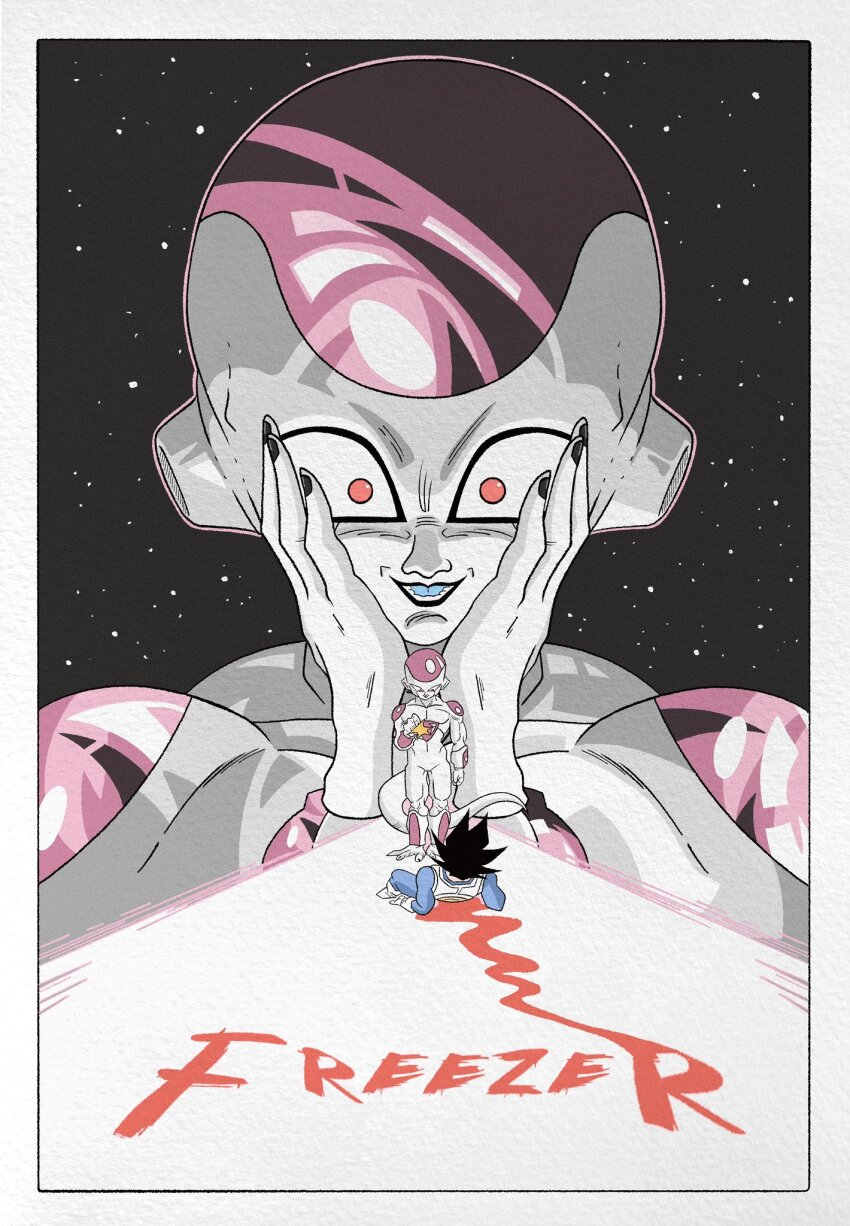 alien armor black_hair blood boots dragon_ball dragonball_z final_form_frieza frieza highres on_floor open_mouth pearl_(movie) red_eyes science_fiction spiked_hair star_(sky) teeth vegeta wesatinthecar white_footwear