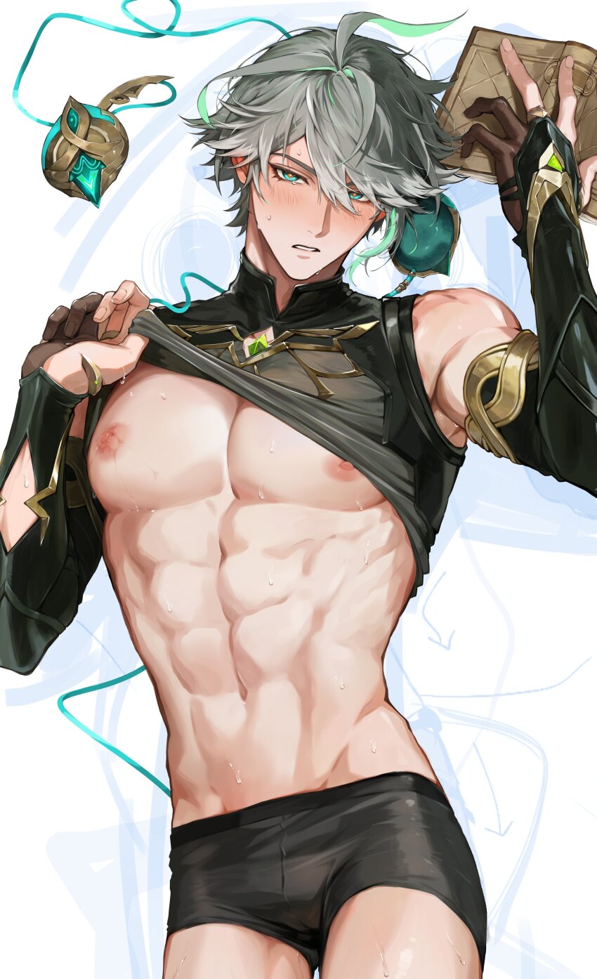 1boy abs absurdres alhaitham_(genshin_impact) aqua_hair black_male_underwear blush book boxer_briefs clothes_lift compression_shirt fingernails genshin_impact gloves grey_hair highres holding holding_book hwan_(mob_hwan) looking_at_viewer male_focus male_underwear multicolored_hair navel nipples partially_fingerless_gloves pectorals saliva_on_nipples shirt_lift solo sweat underwear white_hair
