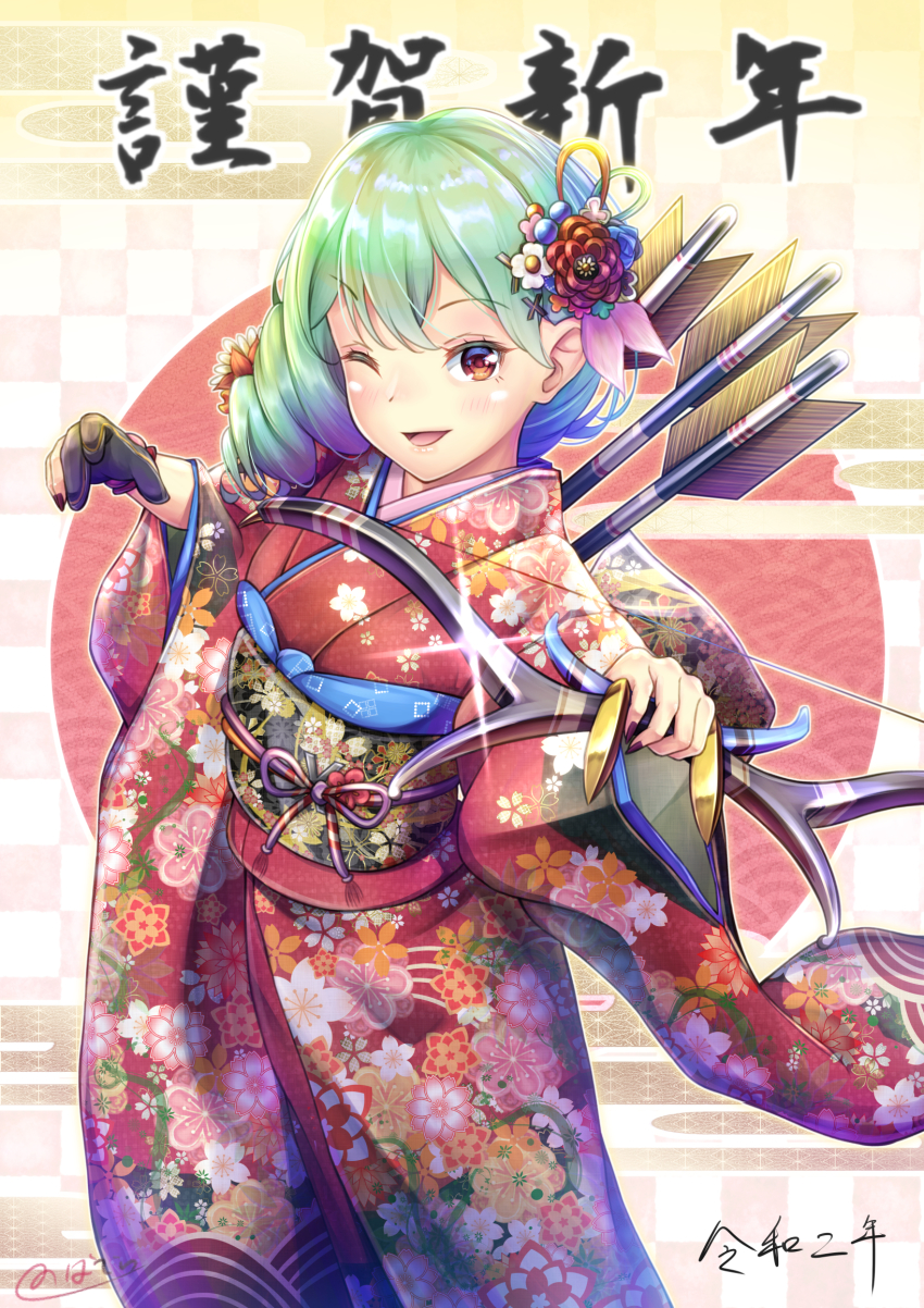 1girl akizora_mona arrow_(projectile) blush bow_(weapon) brown_eyes commentary_request female_focus floral_print flower green_hair hair_flower hair_ornament highres japanese_clothes kanzashi kimono long_sleeves looking_at_viewer medium_hair new_year novady obi one_eye_closed open_mouth original sash smile solo weapon wide_sleeves