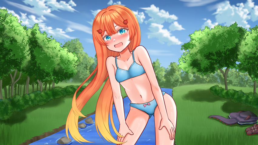 1girl absurdres alienmangap belly blonde_hair blue_bra blue_eyes blue_panties blush blush_stickers bow bow_panties bra breasts bush cloud cloudy_sky commission flat_chest grass hair_ornament hands_on_own_thighs highres hood hoodie horns knee_up knees_up looking_at_viewer miki_hitsugi multicolored_hair navel nose open_mouth orange_hair outdoors panties pants ribbon river rock shoes shorts sky small_breasts smile solo specialite_(company) specialite_en tail thighs tree underwear unworn_pants unworn_shoes unworn_shorts virtual_youtuber water