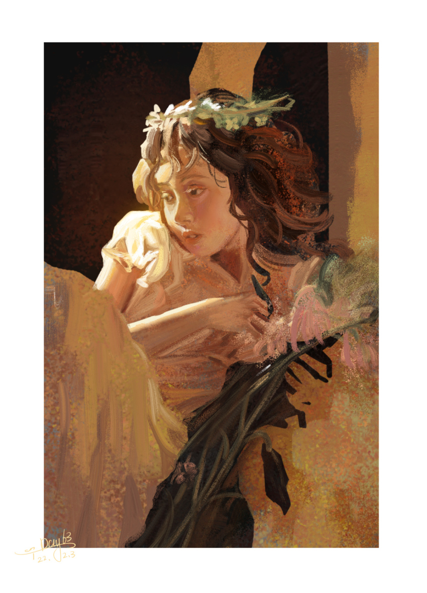 1girl balcony bare_arms black_background black_eyes border brown_hair chinese_commentary commentary_request dated dress expressionless eyelashes faux_traditional_media flower frilled_sleeves frills head_wreath highres holding holding_flower long_hair looking_to_the_side oil_painting_(medium) original painting_(medium) parted_lips pink_flower pink_lips puffy_short_sleeves puffy_sleeves realistic sanshui_guantang short_sleeves signature solo teeth traditional_media upper_body white_border white_dress white_flower