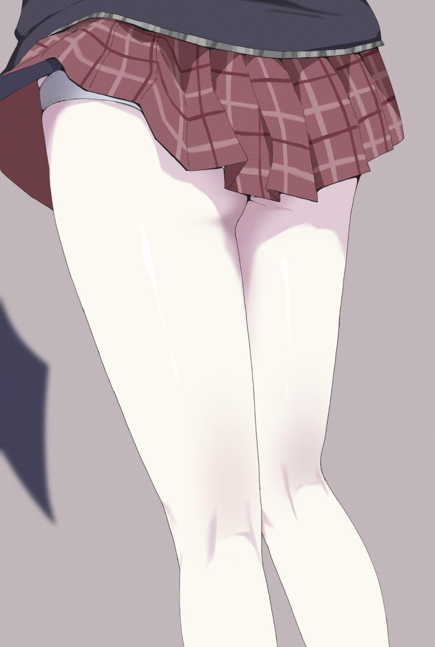 1girl black_wings blue_archive commentary_request facing_away grey_background halo highres kayoko_(blue_archive) kneepits low_wings lower_body multiple_views panties pleated_skirt ponytail red_skirt simple_background single_wing skirt solo thighs unamaso underwear white_panties wings