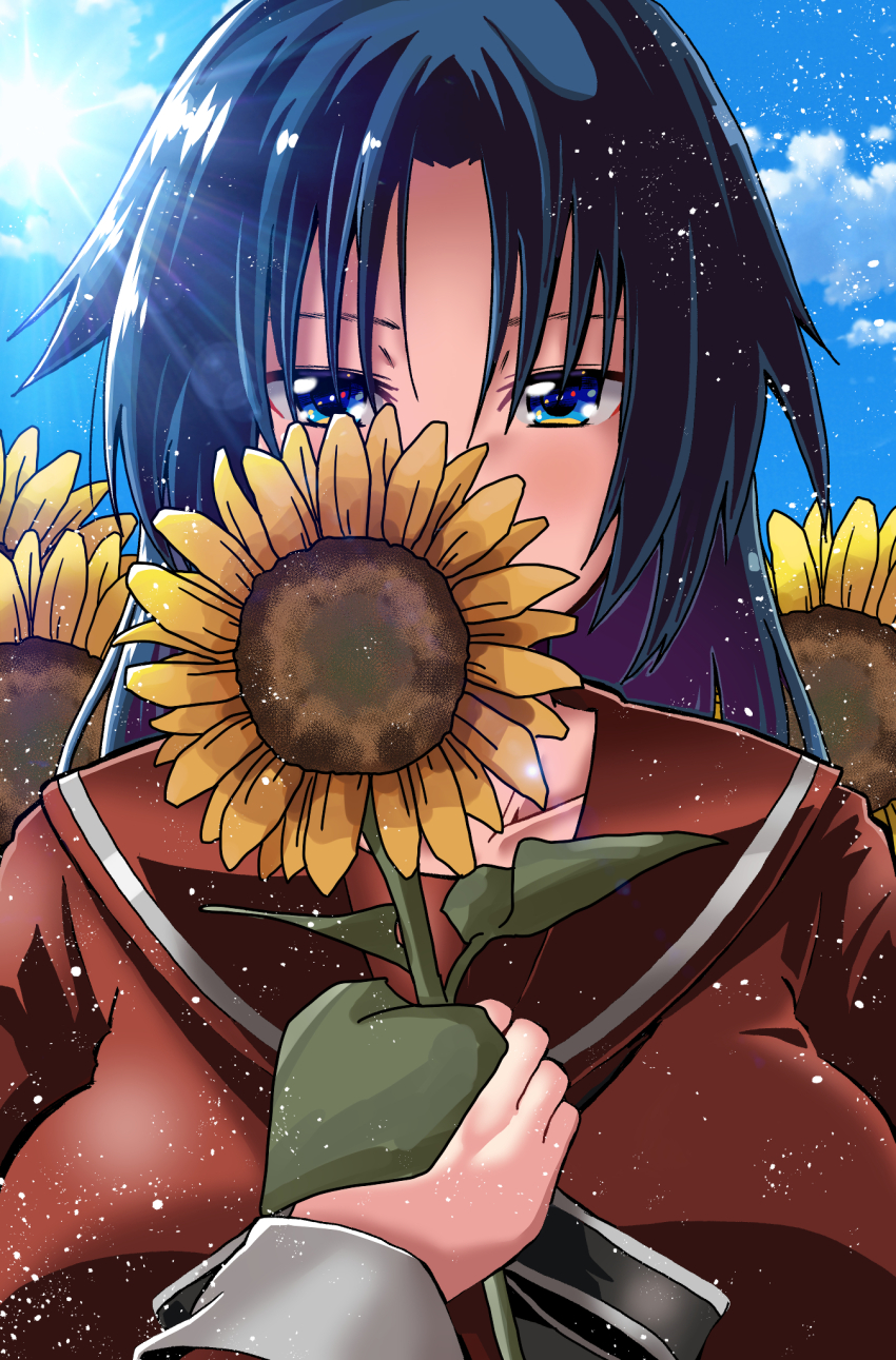 1girl asako_komaki blue_eyes blue_hair breasts clenched_hand field flower flower_field forest_(4423) hand_on_own_chest highres holding holding_flower looking_at_viewer mahou_shoujo_madoka_magica mahou_shoujo_oriko_magica portrait school_uniform shiraha_private_academy_school_uniform solo sparkling_eyes straight-on sunflower sunflower_field upper_body