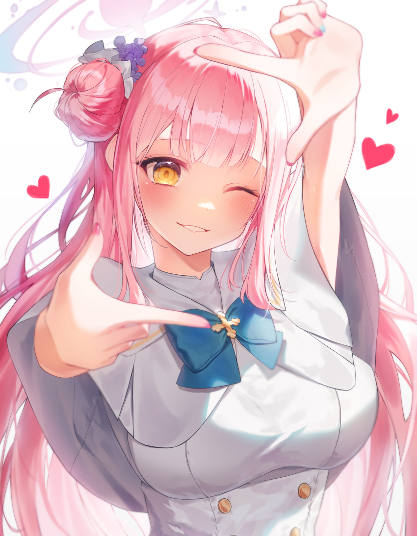 1girl absurdres blue_archive blue_bow blue_bowtie blush bow bowtie breasts capelet commentary_request cross dress finger_frame fingernails hair_bun hair_ornament halo hands_up heart highres large_breasts long_hair looking_at_viewer lovelykirby_125 mika_(blue_archive) nail_polish pink_hair pink_halo pink_nails single_hair_bun single_side_bun smile solo upper_body white_capelet white_dress yellow_eyes