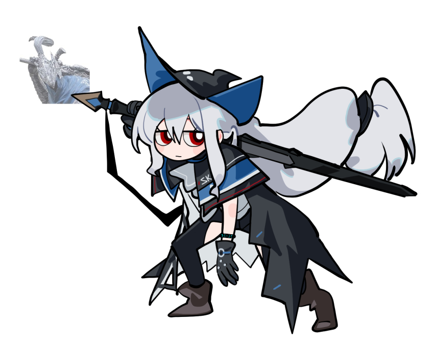 1girl arknights artorias_the_abysswalker black_cape black_gloves black_hat black_pants blush_stickers brown_footwear cape cartoonized clothing_cutout dark_souls_(series) full_body gloves grey_hair hat highres holding holding_sword holding_weapon infection_monitor_(arknights) long_hair low-tied_long_hair pants pointy_hat red_eyes simple_background skadi_(arknights) solo sword thigh_cutout toon_(style) very_long_hair weapon white_background xity