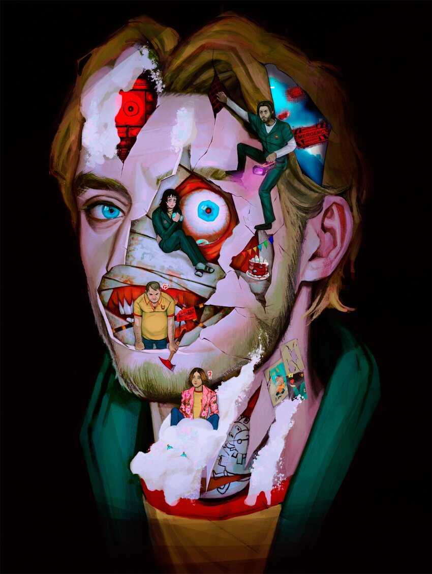 1girl 4boys absurdres anger_vein anya_(mouthwashing) axe barcode_scanner black_background black_hair blonde_hair blue_eyes blue_overalls brown_hair cake caution_tape climbing crack cracked_skin curly_(mouthwashing) daisuke_(mouthwashing) denim exposed_muscle eyeball facial_hair finch_(mrf6414) foam food highres holding holding_axe holding_barcode_scanner jeans jimmy_(mouthwashing) long_sleeves mini_person miniboy minigirl mouthwash mouthwashing multiple_boys open_clothes open_shirt overalls pants pink_shirt polle_(mouthwashing) poster_(object) shirt short_hair short_sleeves skinned solo_focus string_of_flags surreal swansea_(mouthwashing) symbolism yellow_shirt