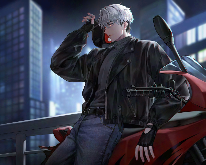 1boy arm_up belt black_belt black_gloves black_jacket blurry blurry_background city city_lights cityscape commentary denim english_commentary eunho_(plave) fingerless_gloves from_side gloves glowing glowing_eyes hair_between_eyes highres jacket jeans k-pop leaning_on_object leather leather_jacket long_sleeves male_focus motor_vehicle motorcycle multicolored_hair orange_eyes pants parted_lips plave railing short_hair solo turtleneck two-tone_hair user_pkua7844