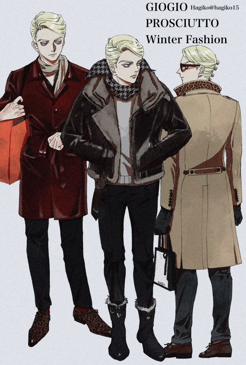1boy animal_print bag black_gloves black_pantyhose blonde_hair boots brown_coat character_name coat copyright_name fashion full_body fur-trimmed_jacket fur_trim glasses gloves grey_background hagiko15 hands_in_pockets highres holding holding_bag jacket jojo_no_kimyou_na_bouken leopard_print multiple_views pantyhose prosciutto red_coat scarf short_hair twitter_username vento_aureo