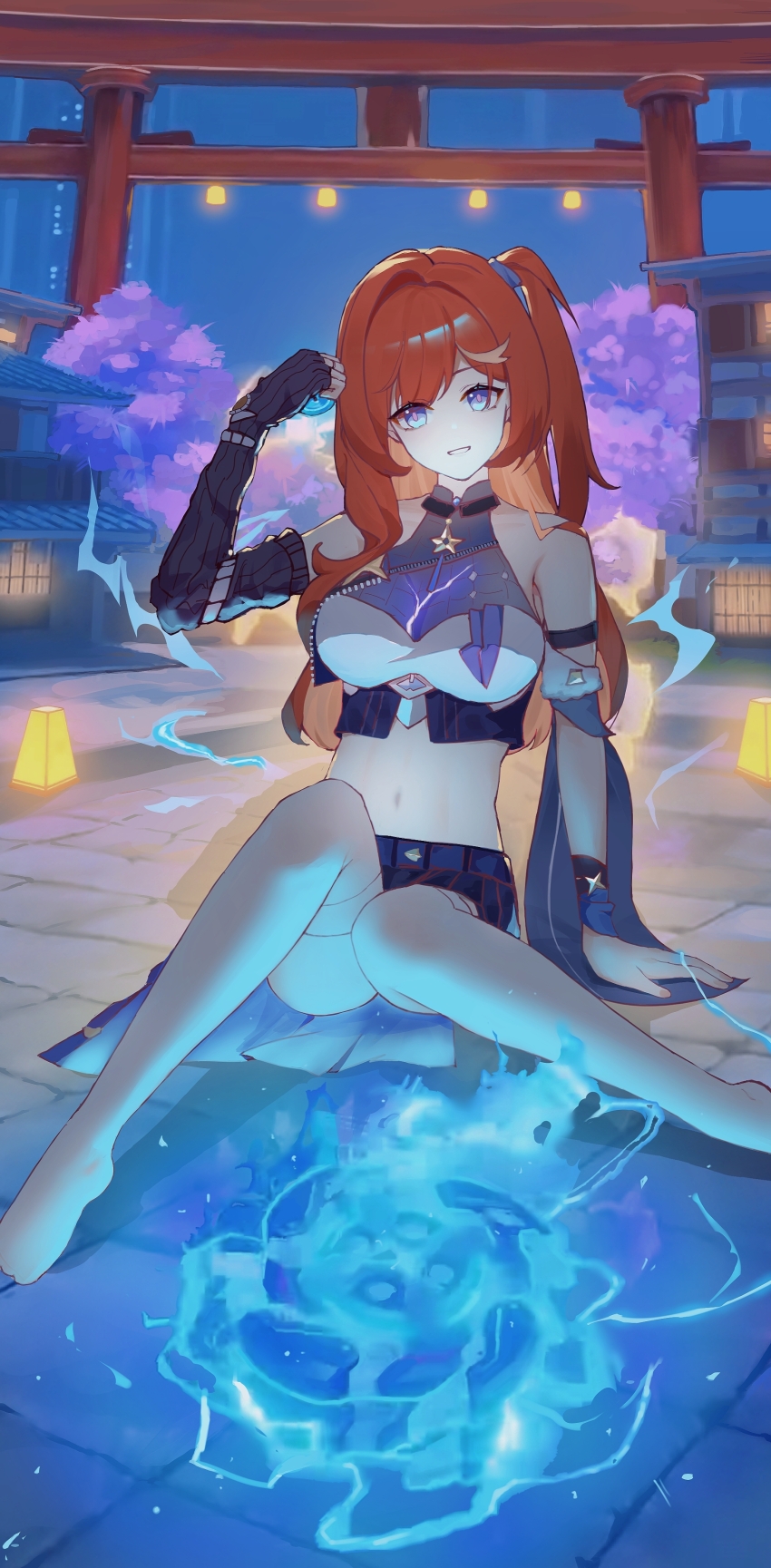 1girl absurdres akanbe arm_support bare_shoulders black_gloves blue_eyes blue_skirt breasts chinese_commentary cleavage colored_inner_hair commentary_request cracked_skin crop_top elbow_gloves eyelid_pull fingerless_gloves fishnets gloves glowing_cracks hair_bun head_tilt highres honkai_(series) honkai_impact_3rd large_breasts looking_at_viewer midriff multicolored_hair navel no_shoes orange_hair outdoors pink_pupils qiuqiuku ribbed_gloves see-through_cleavage see-through_clothes senadina_(deepspace_anchor:_first_light) senadina shirt side_ponytail single_elbow_glove single_hair_bun sitting skirt smile solo string thighhighs tongue tongue_out torii white_shirt white_thighhighs
