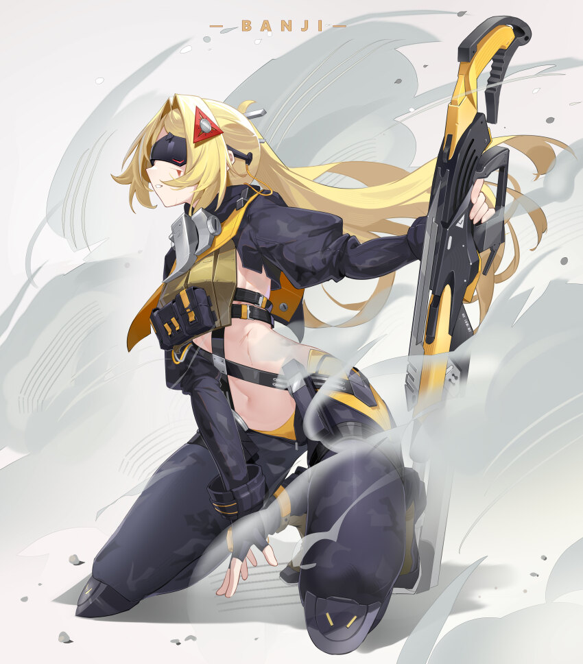 1girl absurdres black_boots black_gloves black_pants black_shrug blonde_hair blood blood_on_face boots breasts camouflage camouflage_jacket camouflage_pants debris dust eye_mask fingerless_gloves freeeeeeeeeee gloves grey_background gun hair_intakes hair_ornament highres holding holding_sword holding_weapon jacket kneeling long_hair long_sleeves medium_breasts missing_commentary navel open_fly panties pants parted_lips rifle shrug_(clothing) smoke sniper_rifle solo stomach sword tactical_clothes trigger_(zenless_zone_zero) underwear weapon yellow_panties zenless_zone_zero