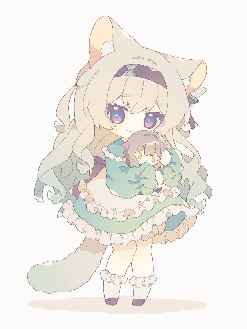 1girl alternate_costume animal_ears aqua_dress aqua_hair aqua_skirt black_hairband brown_footwear character_doll chibi closed_mouth doll dress firefly_(honkai:_star_rail) frilled_dress frills gradient_hair grey_hair hair_between_eyes hair_ornament hairband highres holding holding_doll honkai:_star_rail honkai_(series) kemonomimi_mode komano_shia long_hair looking_at_viewer multicolored_eyes multicolored_hair simple_background skirt socks solo standing stelle_(honkai:_star_rail) tail trailblazer_(honkai:_star_rail) white_socks
