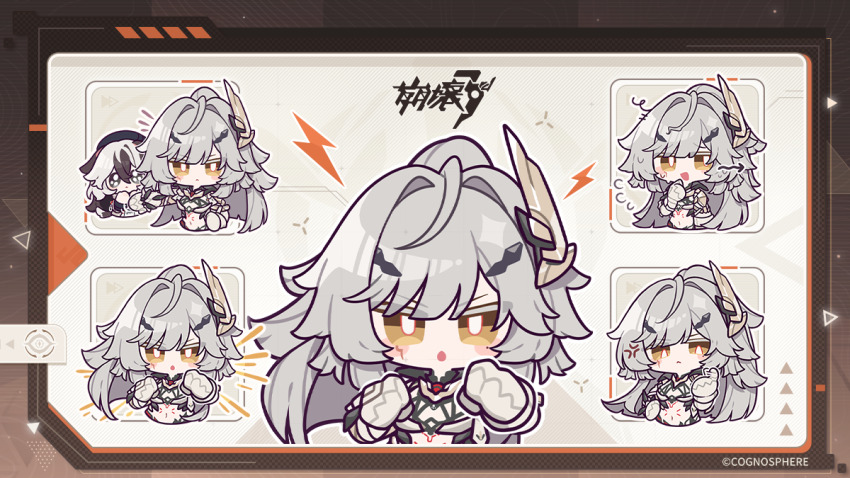 ahoge copyright_name coralie_6626_planck erdos_helia erdos_helia_(planar_armament:_warped_spacetime) facial_mark gloves grey_hair hair_intakes hair_ornament honkai_(series) honkai_impact_3rd long_hair multicolored_hair official_art sticker two-tone_hair