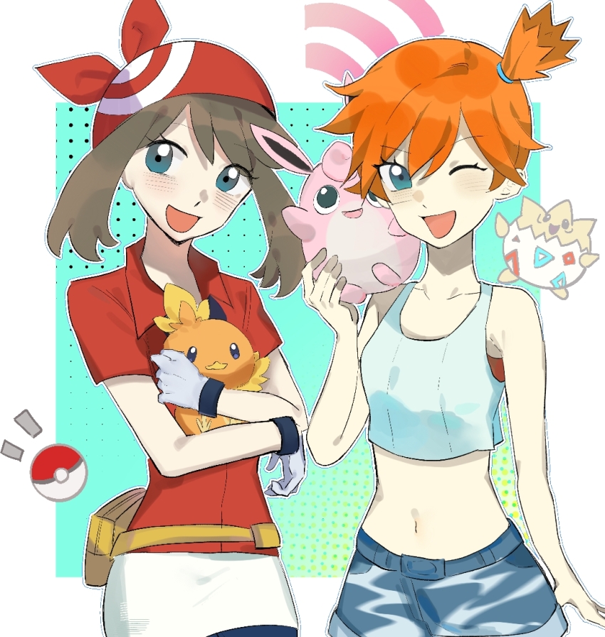 2girls :d ;d asymmetrical_hair bandana blue_eyes blue_shorts blush breasts brown_hair collared_shirt cowboy_shot creature crop_top denim denim_shorts eyelashes fanny_pack fjne5534 gen_1_pokemon gen_2_pokemon gen_3_pokemon gloves green_eyes gym_leader hair_tie holding holding_creature holding_pokemon looking_at_viewer may_(pokemon) midriff misty_(pokemon) multiple_girls navel nintendo notice_lines one_eye_closed open_mouth orange_hair poke_ball poke_ball_(basic) pokemon pokemon_(creature) pokemon_lgpe pokemon_rse ponytail red_bandana red_shirt shirt short_hair short_shorts short_sleeves shorts side_ponytail simple_background skirt sleeveless smile suspenders tank_top togepi tongue torchic white_gloves white_skirt wigglytuff wink