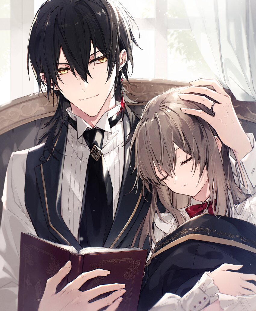 1boy 1girl absurdres annelise_(mochizuki_shiina) black_hair black_jacket black_necktie black_vest blush book borrowed_clothes bow bowtie brown_hair closed_eyes closed_mouth clothes_blanket collared_shirt curtains hand_on_another&#039;s_head hetero highres holding holding_book indoors jacket jewelry karisome_no_shitsuji_to_koushaku_no_himegoto leaning_on_person leaning_to_the_side long_sleeves lucas_(mochizuki_shiina) medium_hair mochizuki_shiina mullet necktie open_book orange_eyes red_bow red_bowtie ring shirt sleeping traditional_bowtie under_covers unworn_jacket vest white_shirt window