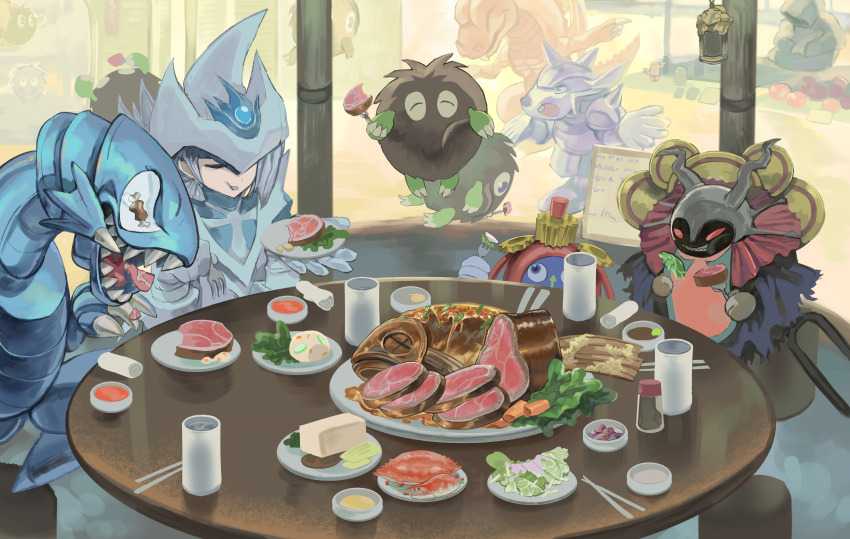 1girl 3boys absurdres baby_dragon beaver_warrior blue-eyes_toon_dragon blue-eyes_white_dragon character_request duel_monster eating fish_(food) food grilled_fish ham highres kuriboh level-00 multiple_boys outdoors sauce silent_magician silent_magician_lv4 table time_wizard tofu vegetable yu-gi-oh!