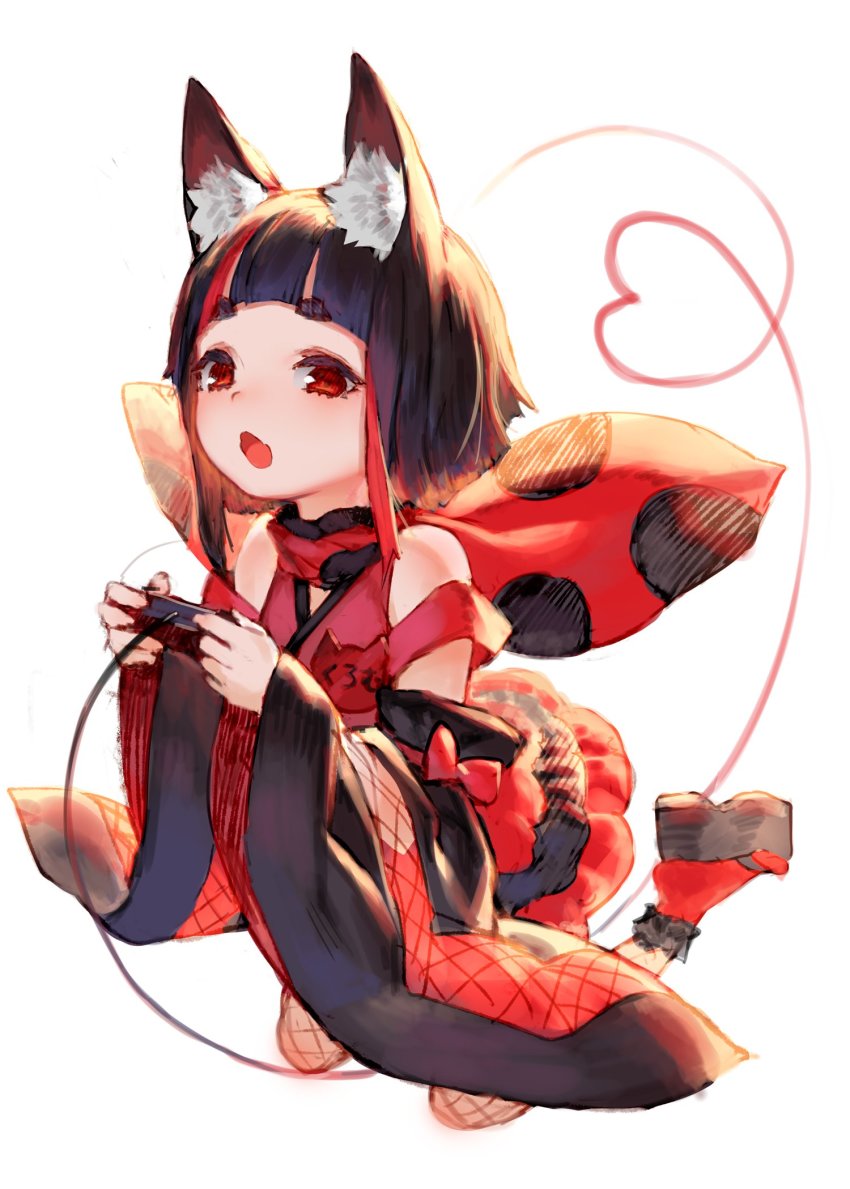 1girl animal_ear_fluff animal_ears animare bare_shoulders black_footwear black_hair blunt_bangs character_name commentary_request controller fang female_focus fox_ears game_controller gamepad heart heart_of_string highres holding inari_kuromu izumi_sai japanese_clothes kimono kuromu_channel long_sleeves looking_at_viewer multicolored_hair name_tag nanashi_inc. obi open_mouth platform_footwear red_eyes red_socks sash short_eyebrows short_hair sidelocks simple_background socks solo streaked_hair virtual_youtuber white_background wide_sleeves