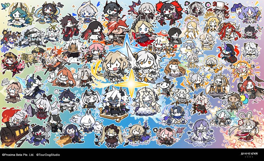 &gt;:) &gt;_&lt; 6+boys 6+girls :3 absolutely_everyone absurdres ahoge alchemy_stars animal_ears areia_(alchemy_stars) azure_(alchemy_stars) barton_(alchemy_stars) beryl_(alchemy_stars) bethel_(alchemy_stars) bethlehem_(alchemy_stars) bird black_dress black_hair black_headdress blonde_hair blue_eyes blue_hair book bow_(weapon) brown_eyes brown_hair carleen_(alchemy_stars) cat_ears cat_girl cat_tail cena_(alchemy_stars) charon_(alchemy_stars) chibi closed_mouth connolly_(alchemy_stars) creature dantang_(alchemy_stars) dog dragon dress eicy_(alchemy_stars) eve_(alchemy_stars) everyone eyepatch fang faust_(alchemy_stars) fia_(alchemy_stars) fleur_(alchemy_stars) florine_(alchemy_stars) frilled_dress frills gabriel_(alchemy_stars) giles_(alchemy_stars) goldie_(alchemy_stars) gram_(alchemy_stars) green_hair grey_eyes grey_hair grimoire gronru_(alchemy_stars) hair_over_one_eye hairband halo hat hedy_(alchemy_stars) heterochromia highres hiiro_(alchemy_stars) holding holding_book holding_bow_(weapon) holding_instrument holding_microphone holding_polearm holding_sword holding_weapon instrument irridon_(alchemy_stars) istvan_(alchemy_stars) jacket jeno_(alchemy_stars) jeriah_(alchemy_stars) joshua_(alchemy_stars) kleken_(alchemy_stars) lilica_(alchemy_stars) liqing_(alchemy_stars) locomotive long_bangs long_hair luke_(alchemy_stars) mask matthieu_(alchemy_stars) medium_hair mia_(alchemy_stars) michael_(alchemy_stars) microphone military_hat military_jacket military_uniform minos_(alchemy_stars) motor_vehicle motorcycle mouth_mask mu_yuebai_(alchemy_stars) multicolored_hair multiple_boys multiple_girls naroxel_(alchemy_stars) nina_(alchemy_stars) no_mouth novio_(alchemy_stars) nurse official_art one_eye_closed open_mouth orange_hair pact_(alchemy_stars) paloma_(alchemy_stars) philyshy_(alchemy_stars) pink_eyes pink_hair pipa_(instrument) pittman_(alchemy_stars) polearm purple_eyes purple_hair raphael_(alchemy_stars) red_dress red_eyes red_hair reinhardt_(alchemy_stars) revy_(alchemy_stars) roy_(alchemy_stars) sariel_(alchemy_stars) schwartz_(alchemy_stars) second-party_source sharona_(alchemy_stars) sheol_(alchemy_stars) short_hair sinsa_(alchemy_stars) siobhan_(alchemy_stars) sleep_mask small_dragon smile snake solid_circle_eyes solid_oval_eyes star_(symbol) steam_locomotive sunglasses surgical_mask sword tail tentacles tina_(alchemy_stars) twintails two-tone_hair uriel_(alchemy_stars) v-shaped_eyebrows vic_(alchemy_stars) vice_(alchemy_stars) victoria_(alchemy_stars) vivian_(alchemy_stars) wavy_mouth weapon wheelchair white_dress white_hair wrath_(alchemy_stars) yellow_eyes zhong_xu_(alchemy_stars)