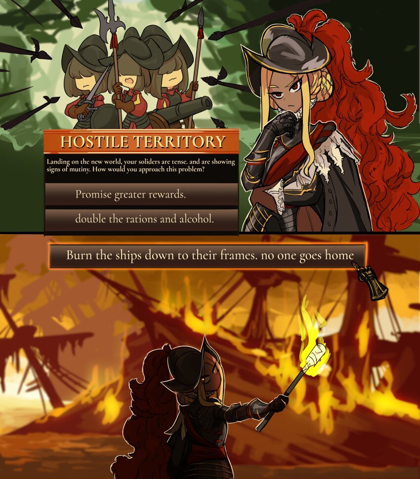 4girls absurdres armor arson blonde_hair blunt_bangs burning_ship cannon centurii-chan character_request conquistador fire forehead glowing glowing_eye hair_between_eyes halberd hand_on_own_chin highres holding holding_polearm holding_sword holding_torch holding_weapon morion multiple_girls no_eyes original polearm rapier red_eyes red_plume red_sash red_shirt sash scared shirt spear sword torch weapon yellow_eyes