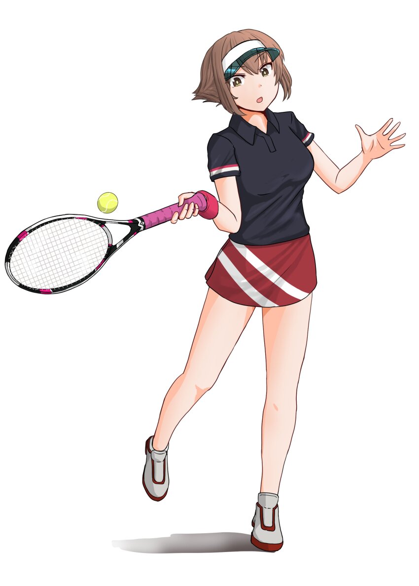 absurdres ball black_shirt breasts brown_hair collared_shirt green_eyes highres holding holding_racket holding_tennis_racket jouzaburou_(joe3) kantai_collection medium_breasts mutsu_(kancolle) open_mouth polo_shirt racket shirt short_hair skirt sportswear striped_clothes striped_skirt tennis_ball tennis_racket tennis_skirt tennis_uniform visor_cap