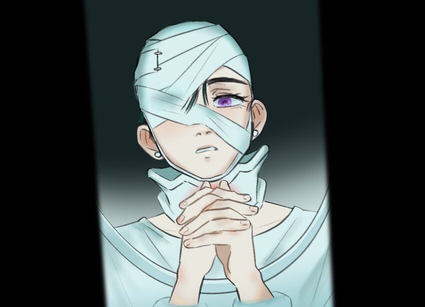 1girl alien_stage bandaged_head bandages black_hair earrings interlocked_fingers jewelry motii one_eye_covered own_hands_together parted_lips purple_eyes solo sua_(alien_stage)