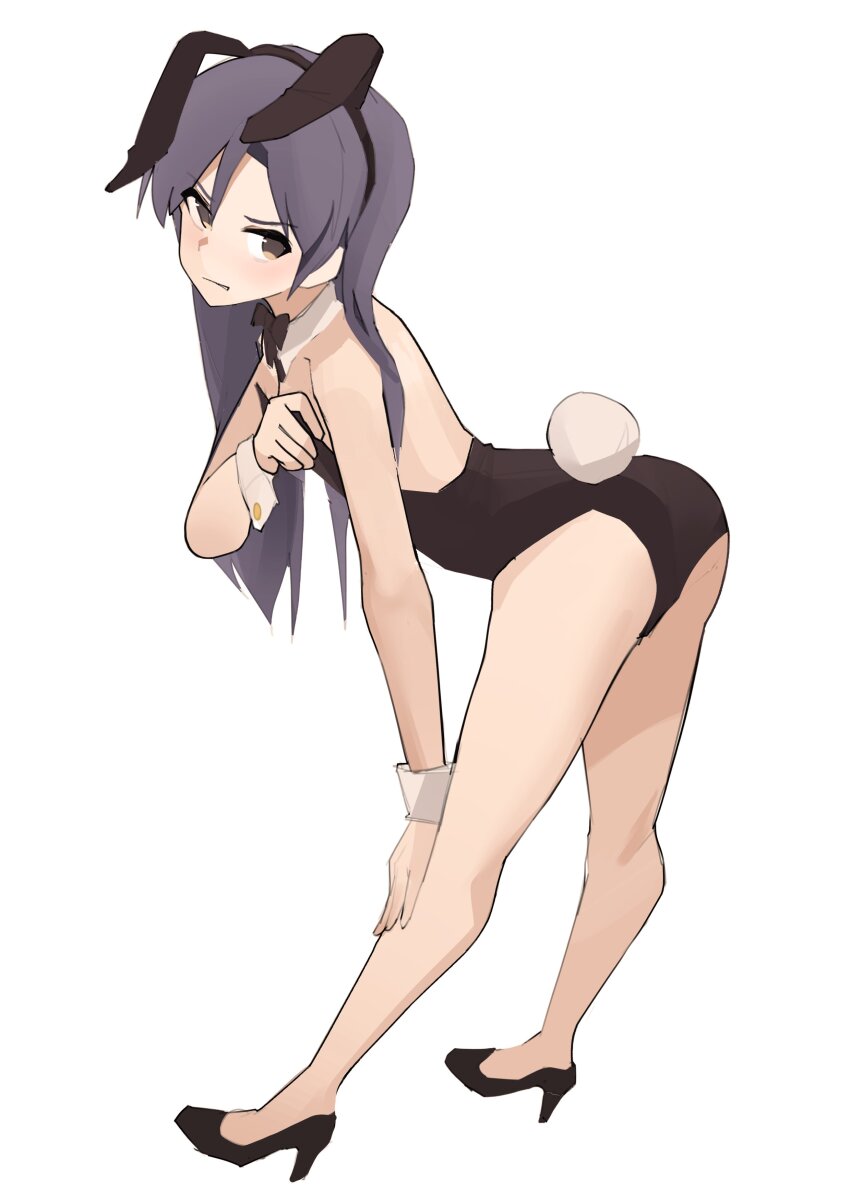 1girl absurdres animal_ears ass bent_over black_bow black_bowtie black_leotard blue_hair bow bowtie brown_eyes ch2haya_p detached_collar fake_animal_ears fake_tail full_body hand_on_own_knee high_heels highres idolmaster idolmaster_(classic) kisaragi_chihaya leotard long_hair looking_back playboy_bunny rabbit_ears rabbit_tail scowl simple_background solo strapless strapless_leotard tail traditional_bowtie white_background white_wrist_cuffs wrist_cuffs