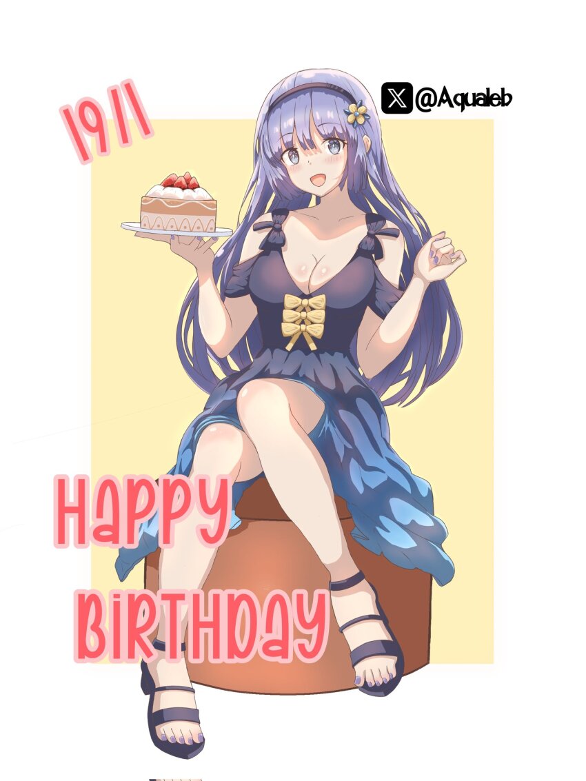 1girl aqualeb blush breasts cake cake_slice cleavage date_a_live dress english_text food grey_eyes grey_hair highres izayoi_miku large_breasts long_hair medium_breasts solo