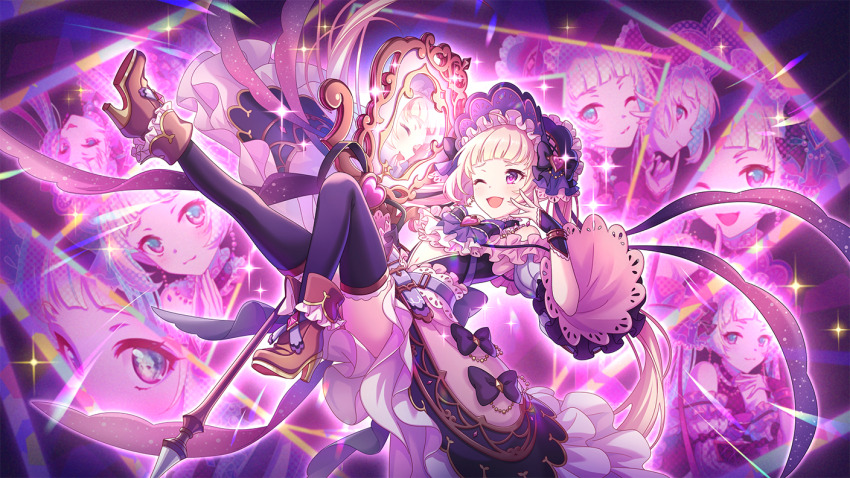 1boy blonde_hair crossdressing dress elf floating frilled_dress frills hand_on_own_cheek hand_on_own_face high_heel_boots high_heels long_hair looking_at_mirror mirror narcissism navel official_art one_eye_closed open_mouth pink_eyes pointy_ears princess_connect! purple_eyes skirt smile thighhighs trap twintails very_long_hair wink yuki_(princess_connect!) zettai_ryouiki