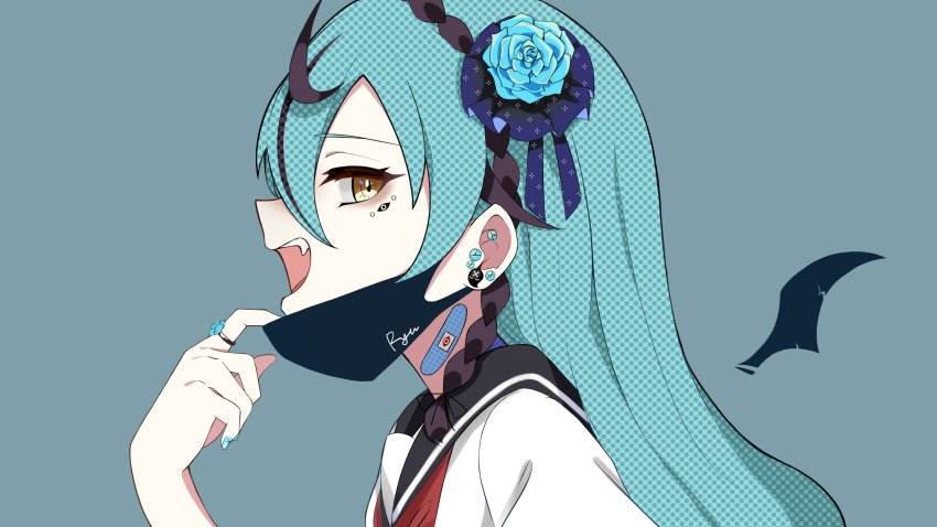 1girl absurdres alternate_costume bandaid bandaid_on_neck black_hair blue_background blue_flower blue_rose earrings flower from_side hair_behind_ear hair_flower hair_ornament highres jewelry mask mask_pull mouth_mask multicolored_hair nijisanji nijisanji_kr rose ryu_hari ryuryuyangyang school_uniform serafuku solo streaked_hair vampire_(vocaloid) virtual_youtuber vocaloid yellow_eyes