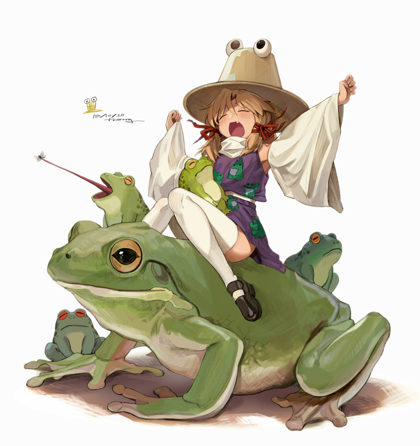 1girl absurdres animal_print artist_name black_shoes blonde_hair blush bug clenched_hands closed_eyes dated detached_sleeves fang fly freng frog frog_print hair_between_eyes hat highres insect long_sleeves moriya_suwako open_mouth outstretched_arm purple_skirt realistic shoes signature sitting skirt skirt_set solo thighhighs tongue tongue_out touhou white_background white_thighhighs yawning