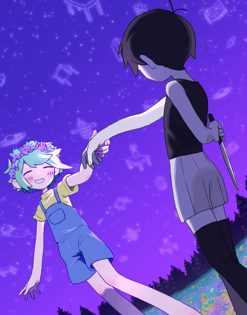 2boys arm_behind_back basil_(faraway)_(omori) basil_(omori) black_tank_top black_thighhighs blue_overalls closed_eyes field flower flower_field green_hair head_wreath highres holding holding_hands holding_knife knife looking_at_another male_focus miranosub multiple_boys omori omori_(omori) open_mouth overalls shirt short_hair short_sleeves shorts t-shirt tank_top thighhighs tree white_shorts