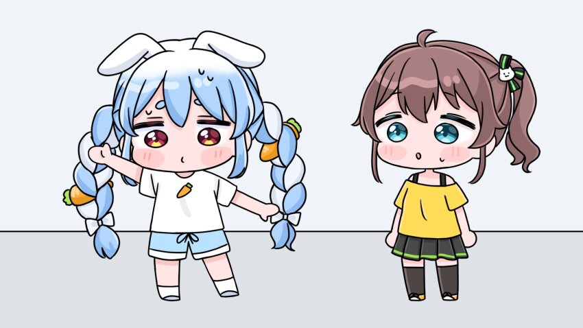 2girls ahoge animal_ears bare_shoulders black_skirt black_thighhighs blue_eyes blue_hair blue_shorts blush_stickers bow braid brown_hair brown_shoes carrot_hair_ornament chibi closed_mouth commentary_request ears_down food-themed_hair_ornament hair_bow hair_ornament highres hololive long_hair mochimiko multicolored_hair multiple_girls natsuiro_matsuri off-shoulder_shirt off_shoulder outstretched_arms pleated_skirt rabbit_ears red_eyes shirt shoes short_eyebrows short_sleeves shorts side_ponytail skirt small_sweatdrop socks spread_arms standing sweat thick_eyebrows thighhighs twin_braids twintails two-tone_hair usada_pekora very_long_hair virtual_youtuber white_bow white_hair white_shirt white_socks yellow_shirt