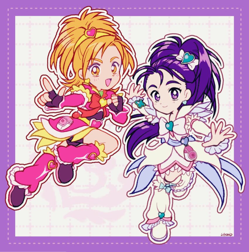 2girls aqua_bow aqua_brooch belt belt_bag belt_buckle black_gloves black_shirt black_shoes black_shorts blue_belt border bow bow_hairband bow_legwear bowtie brooch buckle cellphone clenched_hand coattails commentary cropped_shirt cure_bloom cure_egret deformed dot_nose dotted_line dress earrings eyelashes feather-trimmed_sleeves fingerless_gloves flip_phone forehead frilled_arm_warmers frilled_leg_warmers frilled_skirt frilled_sleeves frills full_body futari_wa_precure_splash_star gloves gold_earrings grey_background grid_background hair_ornament hairband heart heart-shaped_buckle heart_brooch heart_earrings heart_hair_ornament high_ponytail highres hyuuga_saki jewelry knee_up lace lace-trimmed_skirt lace_trim layered_shirt leg_up leg_warmers long_hair magical_girl medium_hair miniskirt mishou_mai multiple_girls open_mouth orange_eyes outline outside_border outstretched_arms phone pink_arm_warmers pink_bag pink_leg_warmers pink_shirt pink_skirt pointing ponytail precure purple_border purple_hair red_bow red_bowtie shirt shoes short_dress short_ponytail short_sleeves shorts shorts_under_skirt signature skirt skirt_under_dress smile tareme thick_eyebrows two-tone_bag uwded_207 very_long_hair white_arm_warmers white_background white_bag white_bow white_bowtie white_dress white_hairband white_leg_warmers white_outline white_shoes yellow_belt yellow_brooch yellow_hairband