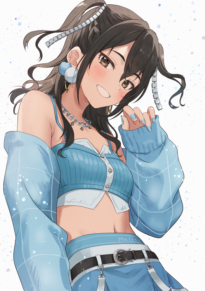 1girl absurdres belt black_belt blue_nails blue_sleeves breasts brown_hair detached_sleeves emu_(emum) fingernails grey_background highres idolmaster idolmaster_cinderella_girls jewelry long_hair looking_at_viewer midriff nail_polish navel necklace small_breasts solo sunazuka_akira two_side_up