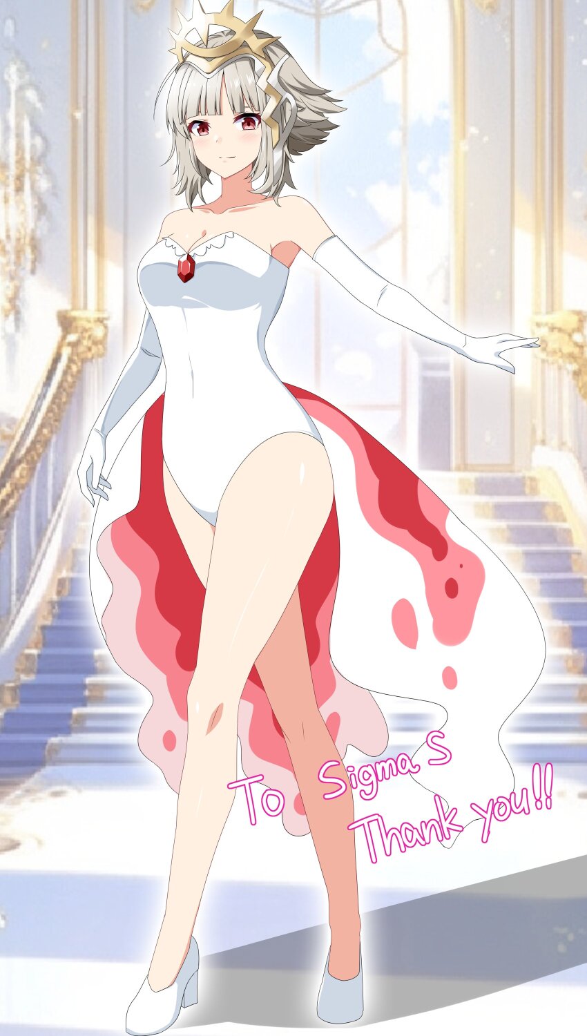 1girl absurdres blunt_bangs breasts brooch cleavage collarbone commission cosplay covered_navel elbow_gloves fire_emblem fire_emblem_heroes gem gen_1_pokemon gloves goldeen goldeen_(cosplay) grey_hair high_heels highres indoors jewelry leotard looking_at_viewer medium_breasts misty_(pokemon) misty_(pokemon)_(cosplay) nintendo pokemon pokemon_(anime) pokemon_(classic_anime) pokemon_ep043 red_eyes rise_(rise19851203) short_hair_with_long_locks skeb_commission smile stairs thank_you tiara veronica_(fire_emblem) veronica_(princess_rising)_(fire_emblem) white_footwear white_gloves white_leotard window