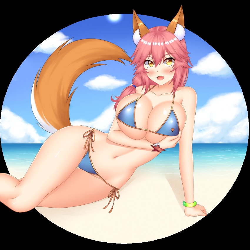 1girl absurdres animal_ears bad_id bad_pixiv_id beach beagle bikini blue_bikini blush bracelet breast_hold breasts cleavage cloud collarbone curvy day fang fate/grand_order fate_(series) female_focus fox_ears fox_tail hair_between_eyes hair_over_shoulder highres jewelry keshigomu large_breasts long_hair looking_at_viewer low_twintails lying navel on_side open_mouth outdoors outside_border pink_hair side-tie_bikini_bottom sky smile solo star_(symbol) string_bikini swimsuit tail tamamo_(fate) tamamo_no_mae_(fate/extra) tamamo_no_mae_(swimsuit_lancer)_(fate) thigh_gap twintails wide_hips yellow_eyes