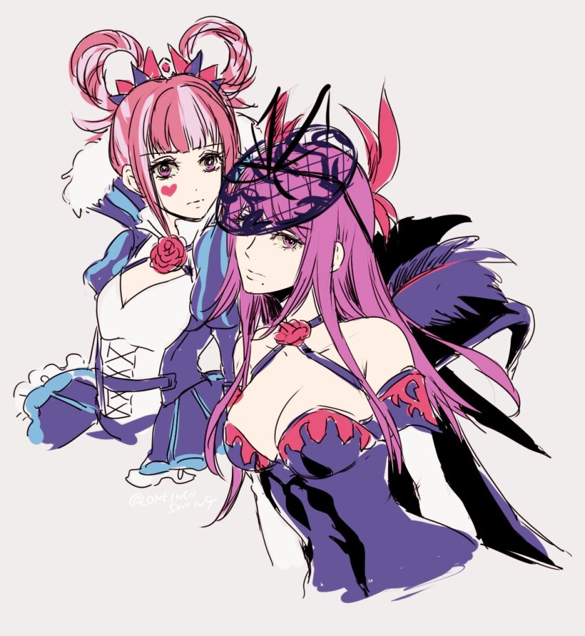 2girls bare_shoulders blue_dress breasts cleavage dress fire_emblem fire_emblem_engage grey_background hair_rings halter_dress halterneck hortensia_(fire_emblem) ivy_(fire_emblem) medium_breasts mole mole_under_mouth multiple_girls nintendo pink_eyes pink_hair purple_dress purple_eyes purple_hair short_hair siblings simple_background sisters small_breasts striped_clothes umi_(_oneinchswing) upper_body vertical-striped_clothes