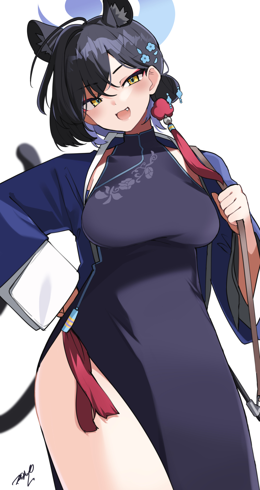 1girl absurdres ahoge animal_ear_fluff animal_ears black_dress black_hair blue_archive blue_halo blue_jacket blush breasts china_dress chinese_clothes commentary_request cowboy_shot dress extra_ears fang hair_bun hair_ornament halo highres jacket kaguya_(blue_archive) large_breasts long_sleeves looking_at_viewer open_clothes open_jacket open_mouth panther_ears panther_girl short_hair simple_background single_hair_bun sleeveless sleeveless_dress smile solo tassel tassel_hair_ornament white_background yellow_eyes zono_(inokura_syuzo029)