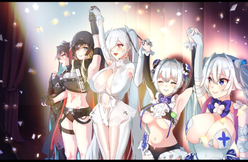 5girls accessories aqua_hair arm_warmers armpit_cutout bare_shoulders black_cloak black_hair blonde_hair blue_eyes blue_hair blush bodysuit breasts broken_mask chocore cinderella_(nikke) cleavage cleavage_cutout clenched_hands cloak closed_mouth clothing_cutout colored_inner_hair cropped_shirt curtains flower-shaped_hair folded_hair gloves goddess_of_victory:_nikke grave_(nikke) gretel_(nikke) hair_intakes hair_over_one_eye hands_up hansel_(nikke) highres hood hood_up hooded_cloak large_breasts leg_cutout leotard little_mermaid_(nikke) long_hair mask metal_gloves micro_shorts midriff multicolored_hair multicolored_leotard multiple_girls navel navel_cutout old_tales_(nikke) one_eye_covered open_mouth red_eyes see-through_bodysuit see-through_clothes see-through_skirt shiny_eyes shorts siblings sidelocks single_arm_warmer skirt leotard smile spotlight stage stage_curtains stomach_cutout torn_cloak torn_clothes twins twintails two-tone_leotard very_long_hair white_bodysuit white_gloves white_hair yellow_eyes