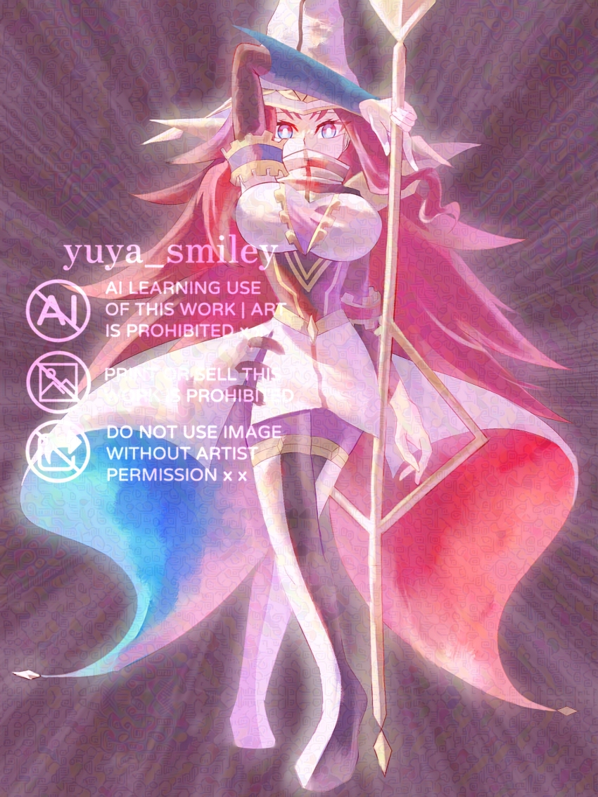 1girl absurdres adversarial_noise beyond_the_pendulum blue_eyes breasts dress duel_monster full_body hat highres holding holding_staff large_breasts multicolored_eyes red_eyes red_hair solo staff two-tone_eyes watermark white_dress white_hat yu-gi-oh! yutaka_(yu)