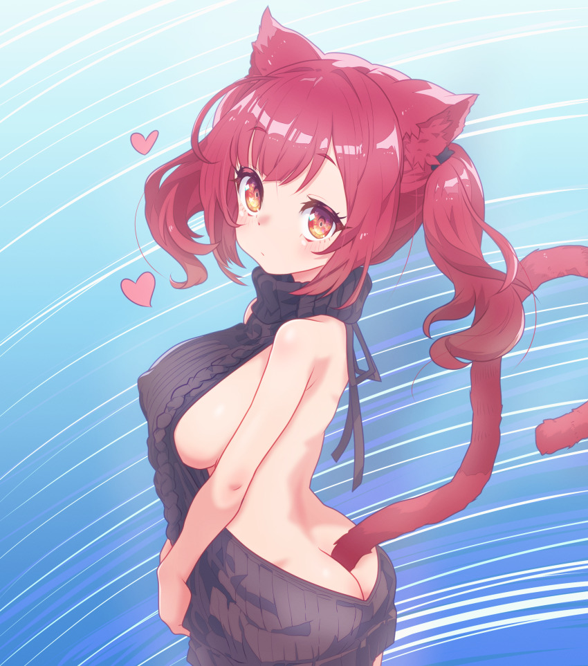1girl animal_ears arbiter1 ass azur_lane backless_dress backless_outfit bare_back bare_shoulders black_sweater blush breasts butt_crack cat_ears cat_girl cat_tail covered_erect_nipples dress halterneck highres i-19_(azur_lane) long_hair looking_at_viewer meme_attire naked_sweater red_eyes red_hair ribbed_sweater sideboob sleeveless sleeveless_sweater solo sweater sweater_dress tail turtleneck turtleneck_sweater twintails virgin_killer_sweater wardrobe_error