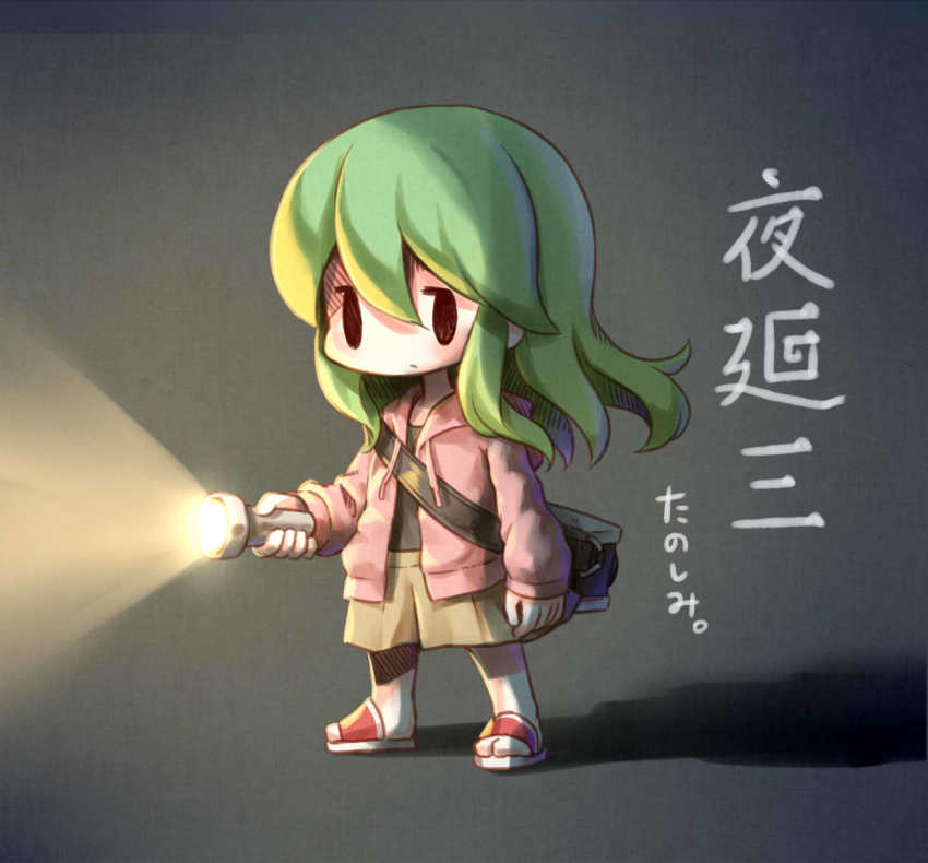1girl arinu camera commentary_request expressionless flashlight full_body green_hair highres holding holding_flashlight hood hooded_jacket jacket medium_hair pink_jacket sandals shadow skirt solo yomawari_(series) yomawari_san