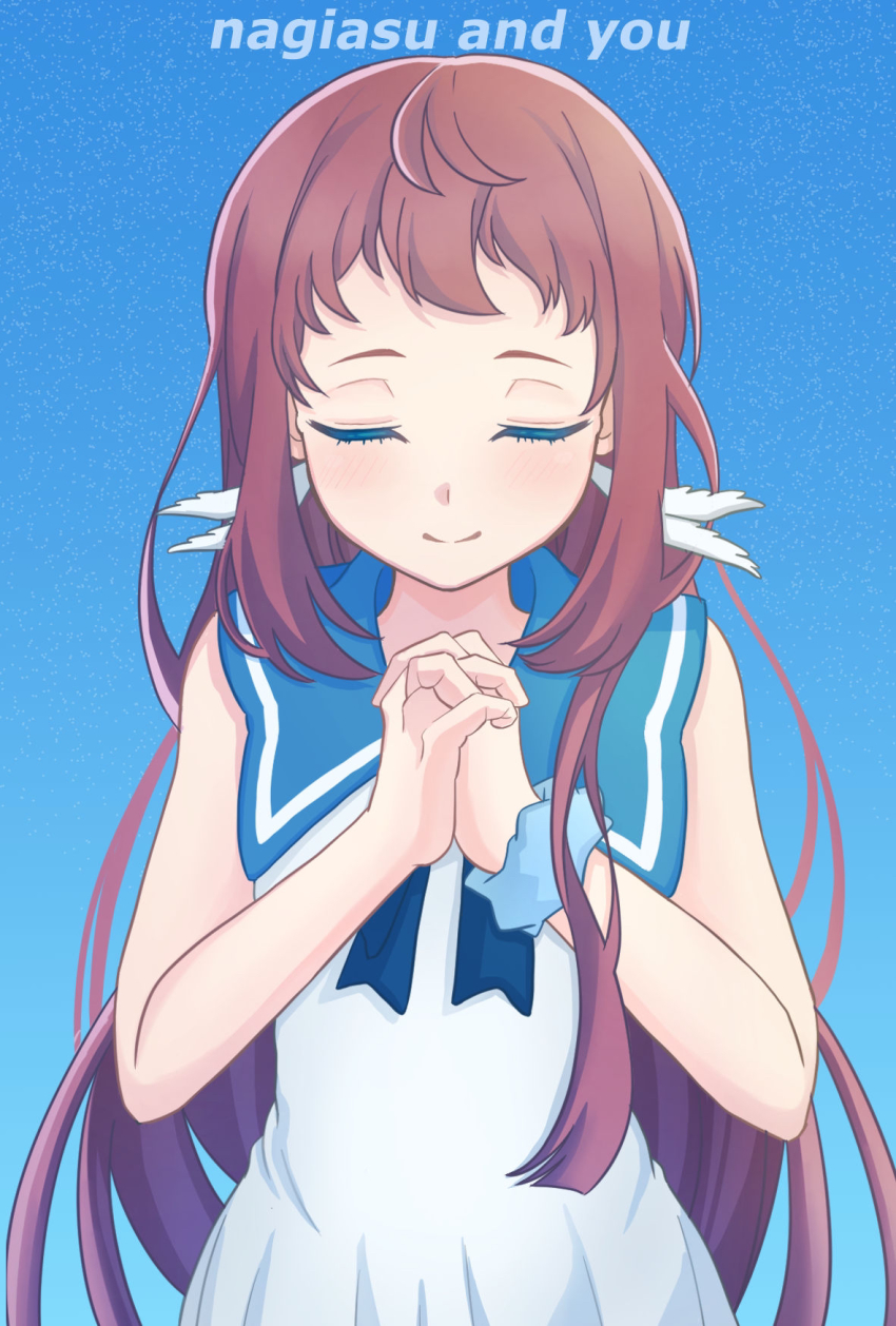 blue_background blue_sailor_collar blue_scrunchie brown_hair closed_eyes commentary_request cowboy_shot dress facing_viewer gradient_background highres long_hair mukaido_manaka nagi_no_asukara own_hands_clasped own_hands_together sailor_collar sailor_dress school_uniform scrunchie serafuku sleeveless sleeveless_dress smile solo tsukimiya_kanade white_dress wrist_scrunchie