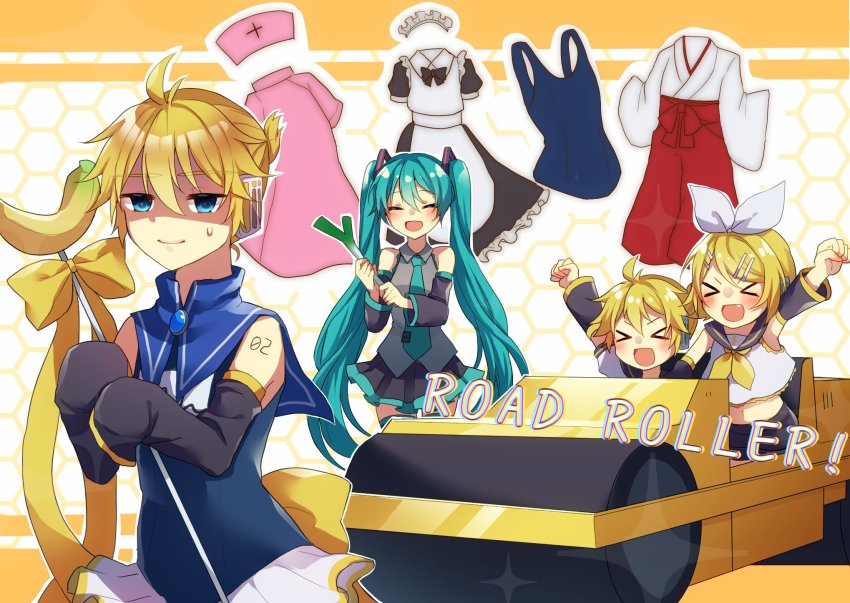 &gt;_&lt; 1boy 2girls apron aqua_hair aqua_necktie arm_warmers arms_up aryuma772 banana bare_shoulders black_collar black_dress black_skirt black_sleeves blonde_hair blue_collar blue_eyes bow collar commentary countdown crop_top detached_sleeves dress food fruit grey_shirt hair_bow hair_ornament hairclip hat hatsune_miku headphones highres holding holding_food holding_spring_onion holding_vegetable japanese_clothes kagamine_len kagamine_len_no_bousou_(vocaloid) kagamine_rin long_hair magical_boy maid maid_apron maid_headdress miko miniskirt multiple_girls neckerchief necktie nurse nurse_cap one-piece_swimsuit open_mouth outstretched_arm pink_dress pleated_skirt ponytail sailor_collar school_uniform shaded_face shirt short_hair short_ponytail shoulder_tattoo skirt sleeveless sleeveless_shirt sleeves_past_fingers sleeves_past_wrists smile spiked_hair spring_onion staff steamroller sweat swept_bangs swimsuit tattoo thighhighs twintails vegetable very_long_hair vocaloid white_apron white_bow white_shirt yellow_neckwear zettai_ryouiki
