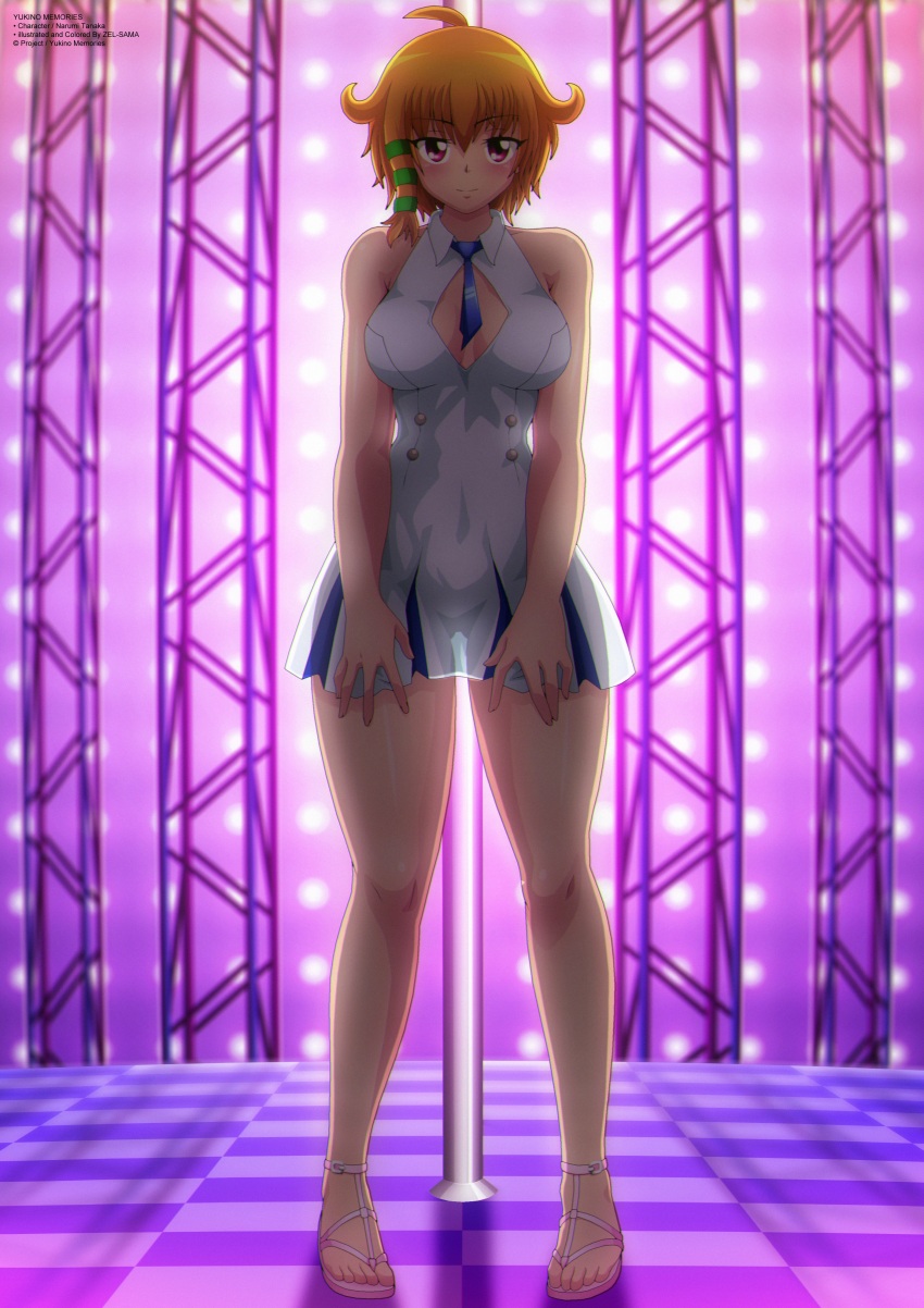 1girl absurdres ahoge blue_necktie blush breasts cleavage cleavage_cutout clothing_cutout dress hair_tubes highres looking_at_viewer medium_breasts narumi_tanaka necktie orange_hair pink_footwear pole red_eyes sandals short_hair sleeveless sleeveless_dress smile stage standing stripper_pole white_dress yukino_memories zel-sama