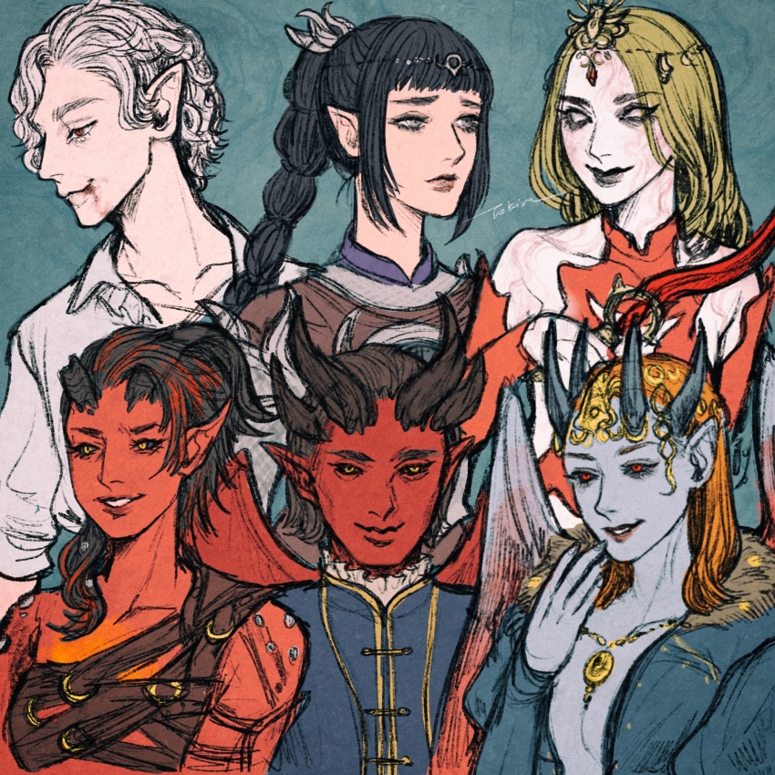 2boys 4girls astarion baldur&#039;s_gate baldur&#039;s_gate_3 black_hair blonde_hair broken_horn brown_hair demon_boy demon_girl dungeons_&amp;_dragons dungeons_&amp;_dragons highres horns karlach long_hair mandarin_collar medium_hair mizora_(baldur&#039;s_gate) multiple_boys multiple_girls orange_hair orin_the_red pale_skin raphael_(baldur&#039;s_gate) red_eyes shadowheart_(baldur&#039;s_gate) short_hair tokine_kira upper_body white_hair