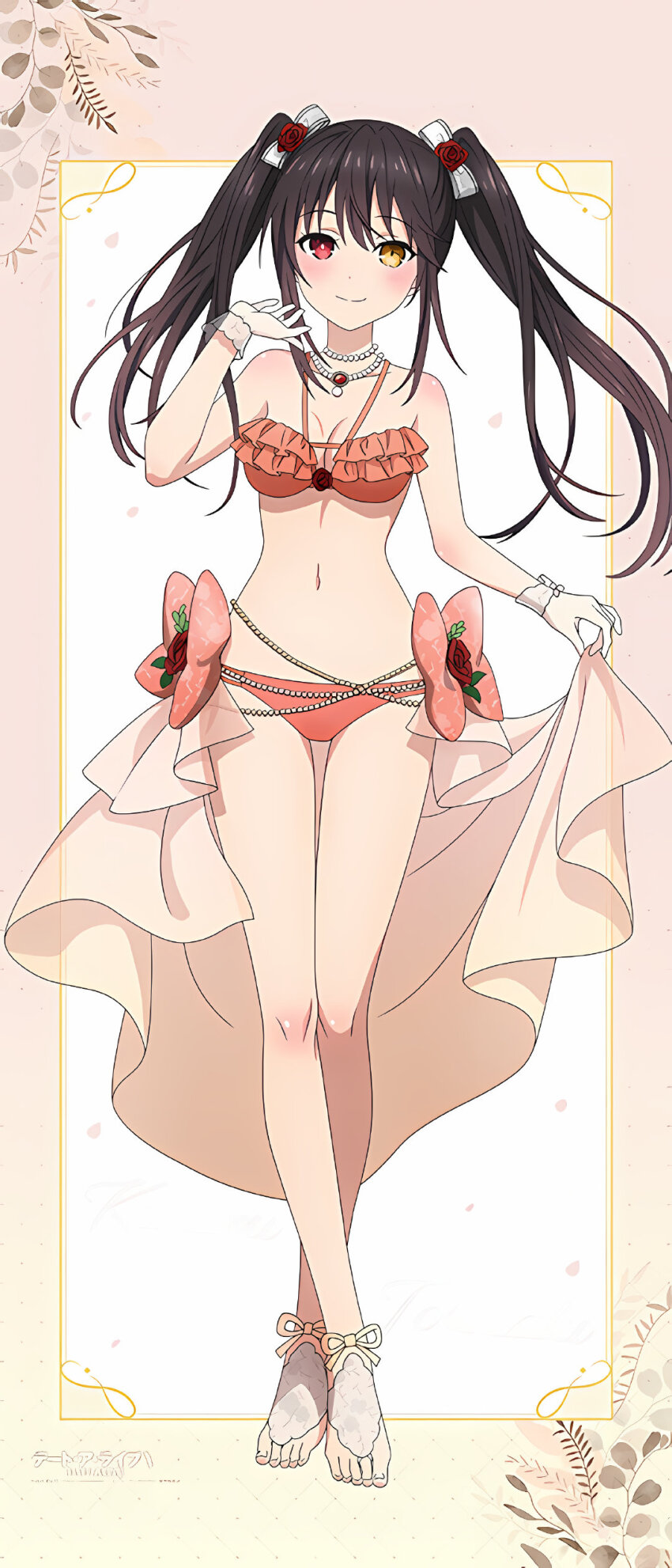 1girl absurdres bare_shoulders bikini black_hair breasts bridal_legwear cape clock_eyes date_a_live frilled_bikini frills full_body heterochromia highres long_hair looking_at_viewer medium_breasts navel official_alternate_costume official_art red_eyes smile solo swimsuit symbol-shaped_pupils third-party_source tokisaki_kurumi twintails yellow_eyes